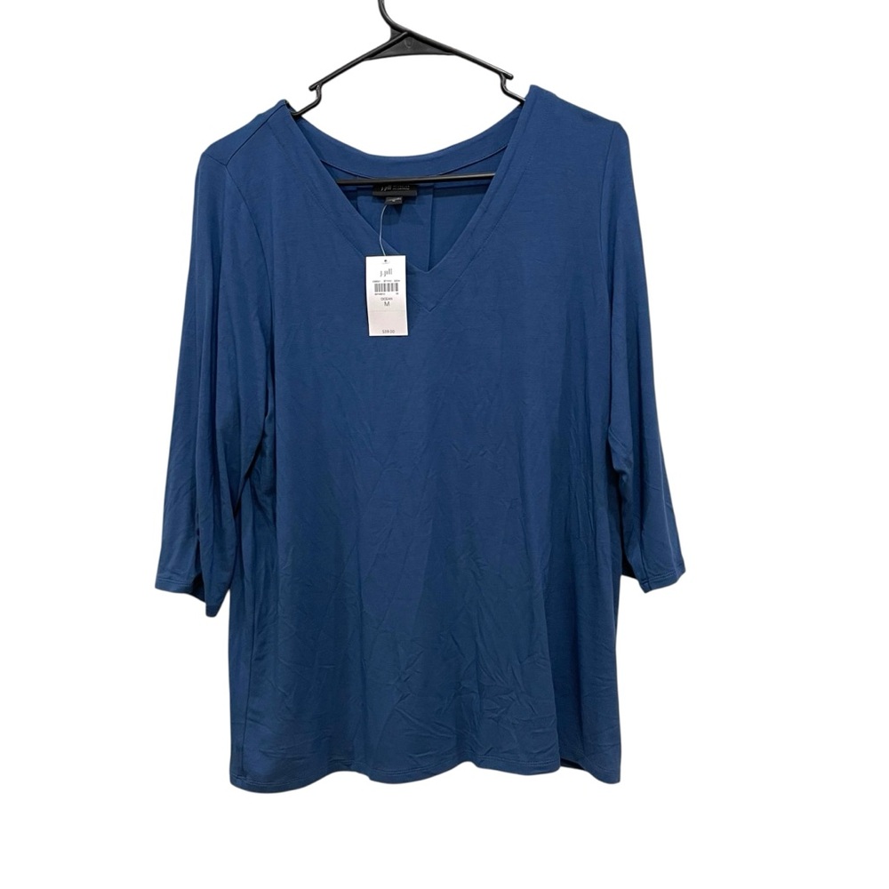 J Jill Wearever V Neck 3/4” Sleeve Top Blue Stretch Modest Casual NWT Womens M